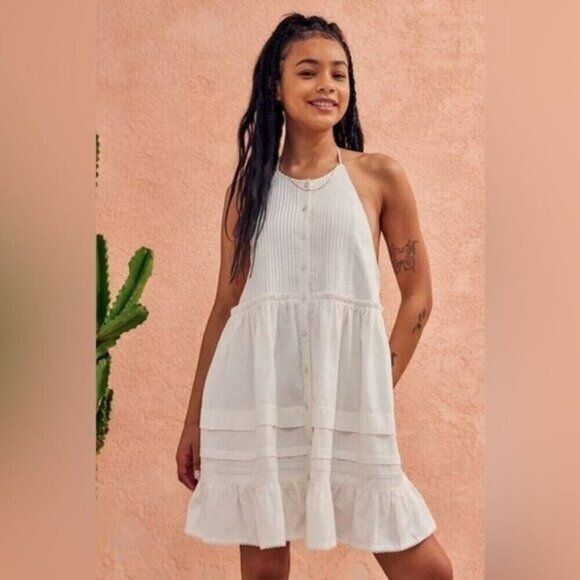 NWT Free People White Mini Dress Size Large Desert Days Halter Strappy Tiered - Picture 3 of 7